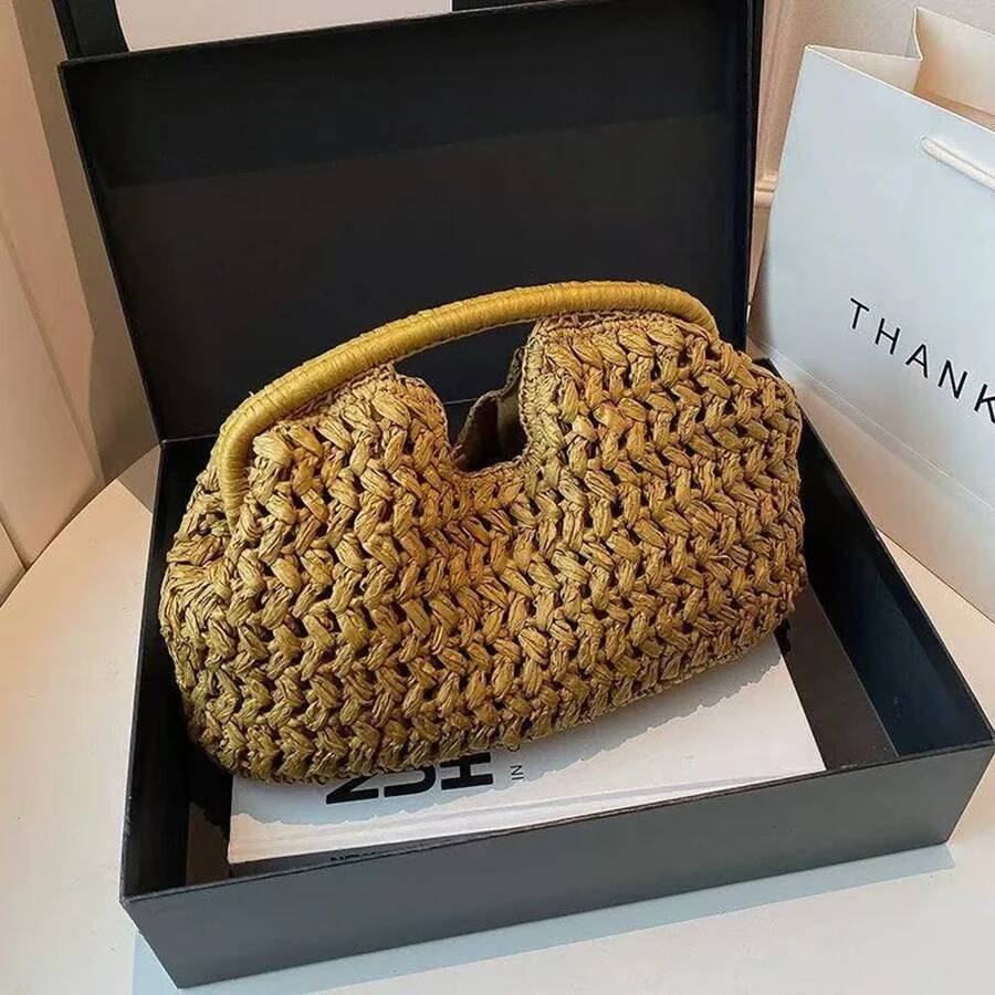Natural Fiber Snap-Button Clutch Bag, Spanish Seaside Women's Straw Handbag, Elegant Handbag For Summer Beach Travel And Vacation - view 4
