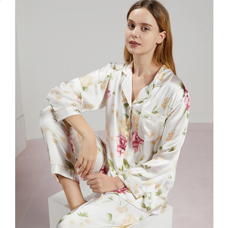 19MM 100 Mulberry Silk Pajama Sleepwear Lady Longsleeved TrousersTwopiece Spring Summer Loose Sexy Home Clothes 260625 - view 3