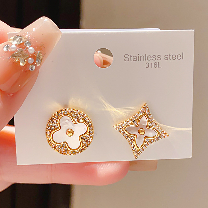 Earrings 18K Real Gold Plated Silver Needle Mother-Of-Pearl Asymmetric Round Diamond-Shaped Earrings Vintage Style Unique And Elegant With A High-End  - view 4