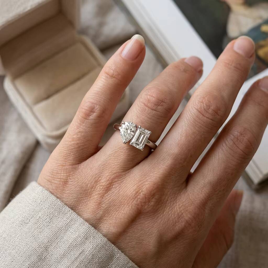 Classic Design Pear Emerald Cut Moissanite Two Stone Sterling Silver Ring for Wedding - view 7