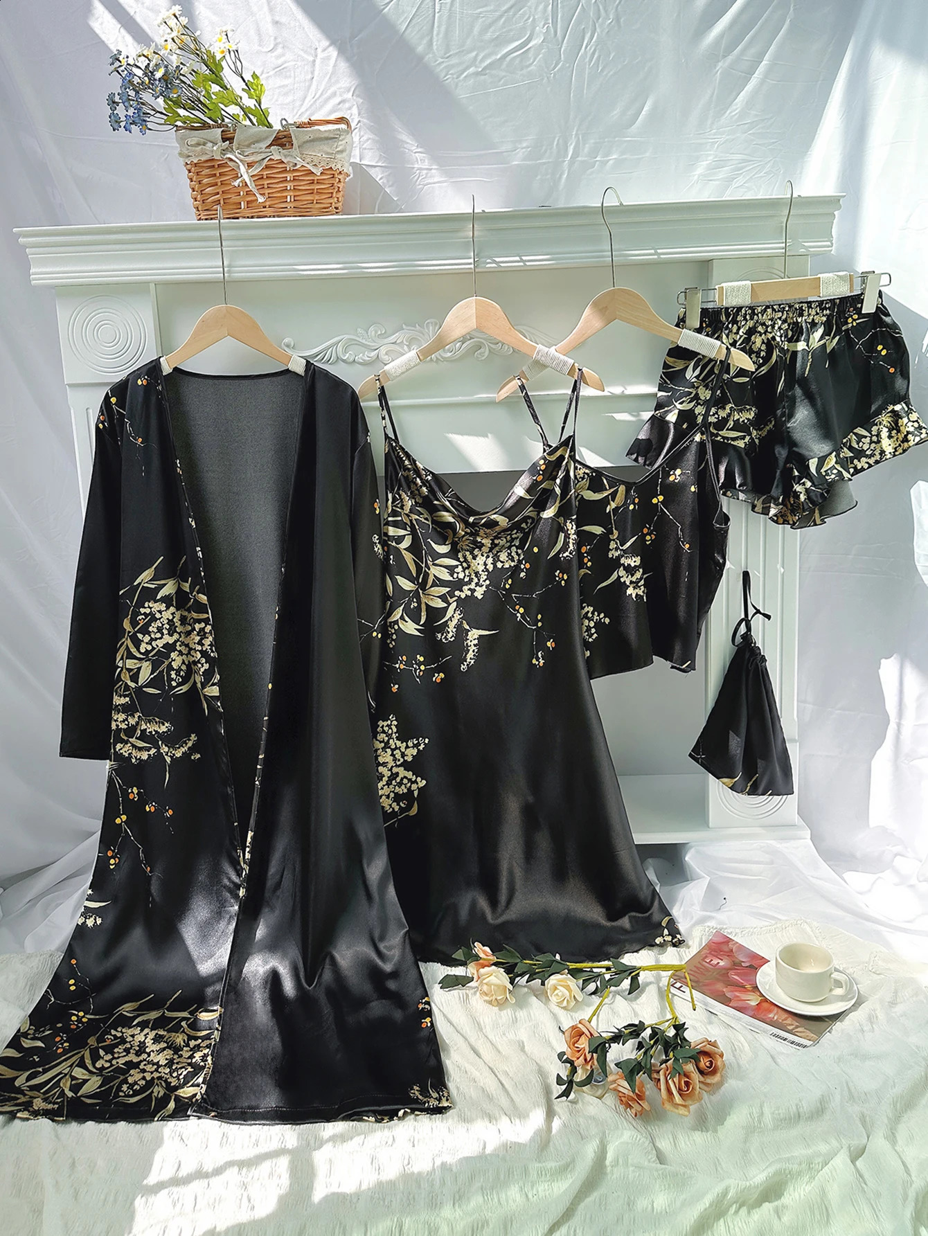 Fashion Womens 5 Piece Cherry Print Pajama Set y V Neck Robe Nightdress Casual and Comfortable Home Clothes for Summer 260625