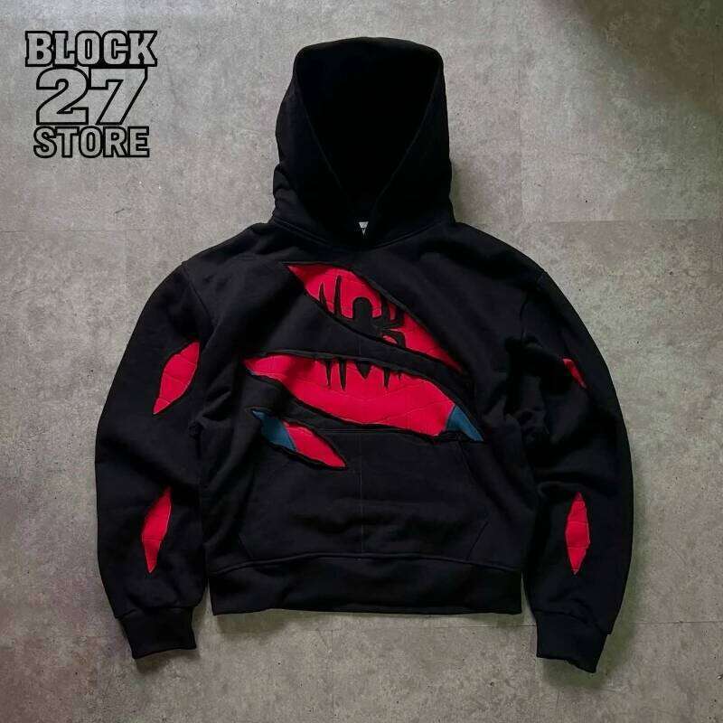 Mens Hoodie American Retro Spider Patchwork Zip Up Sweatshirt Harajuku Unisex Oversized Loose Fit Gothic Y2K Streetwear Fashion W260626