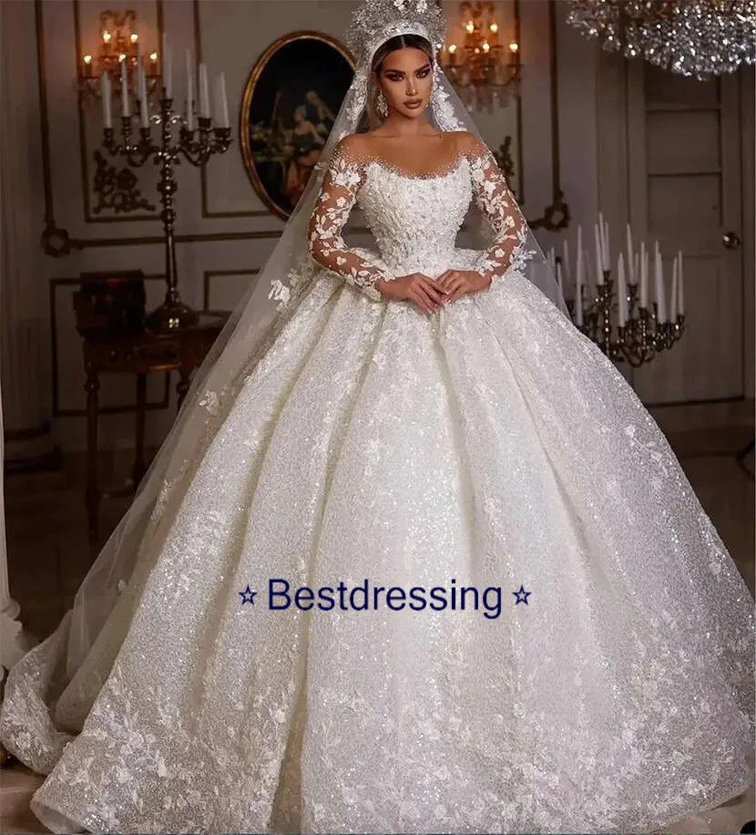 Long Sleeve Lace Wedding Gown: Sequined Tulle Bridal Dress With Sheer Neck Appliques Bd626