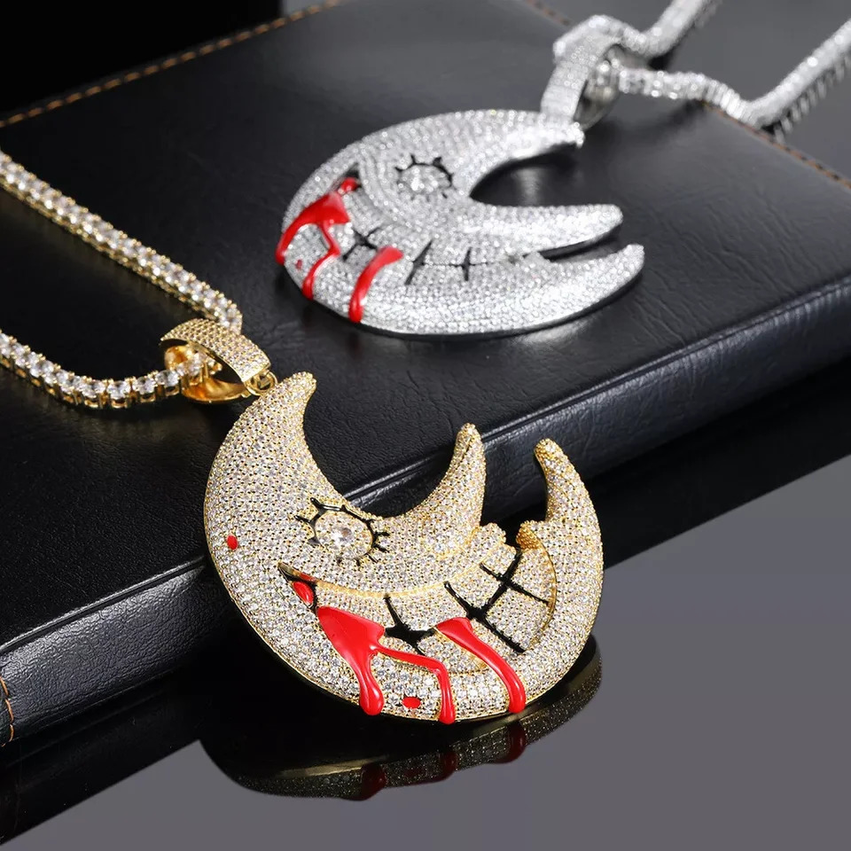 Fashion Men Hip Hop Moon Pendant Necklace Crystal Cuban Chain Iced Out Bling Necklaces Charm Jewelry 260615 - view 5