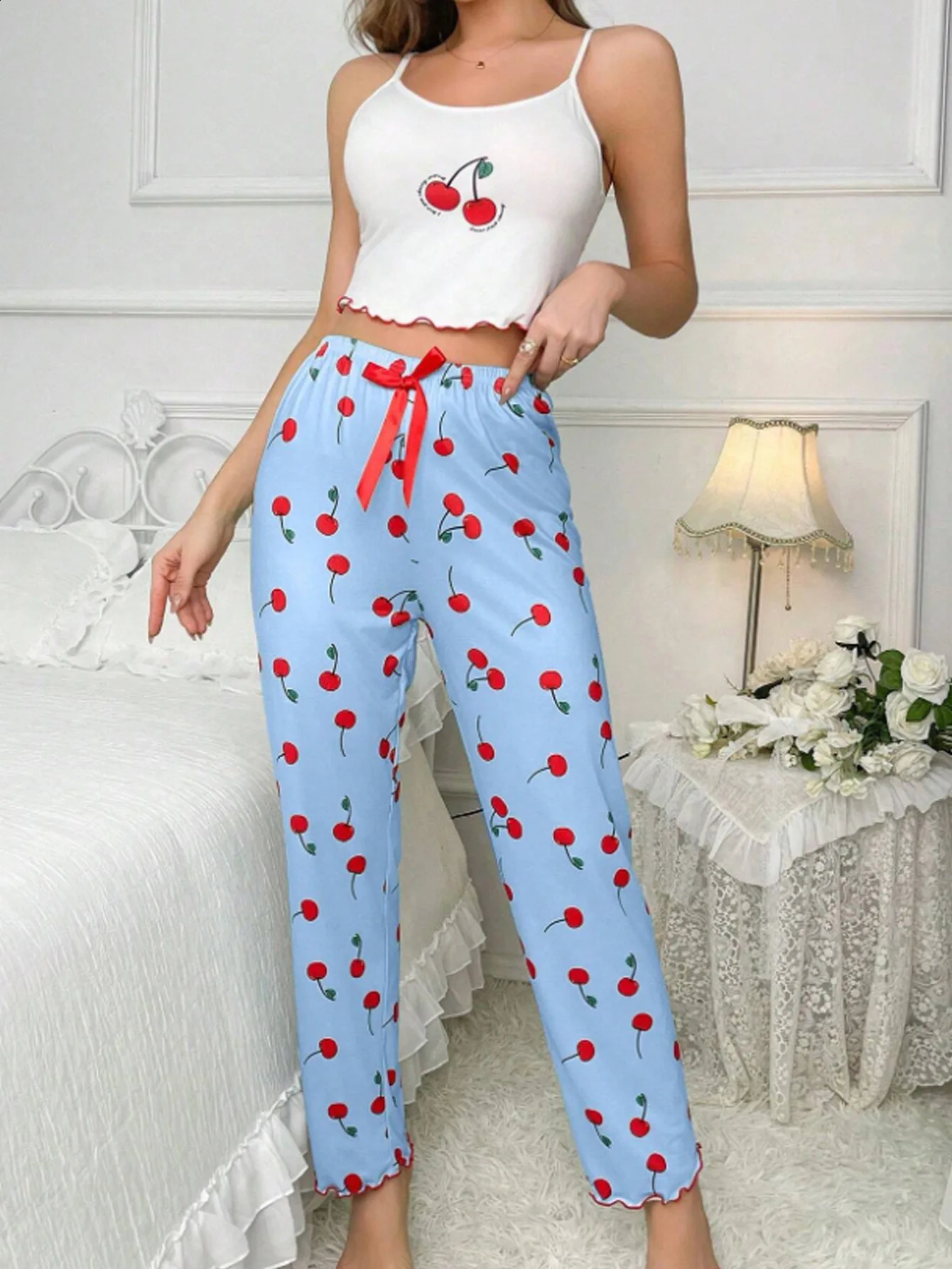 Y2K Coquette Cherry Print Pajama Set Womens Cami Crop Top Pants Two Piece Sleepwear Loungewear Summer Spring Autumn Outfits 260625 - view 5