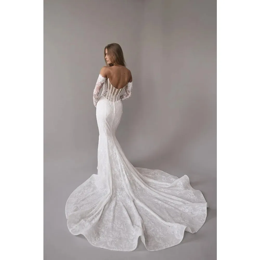 Lace Mermaid Wedding Dress With Detachable Train Long Sleeves Corset Boning Bridal Gowns Cat-eye Neckline Buttons Back Bride Formal Ceremony Vestdos D - view 6