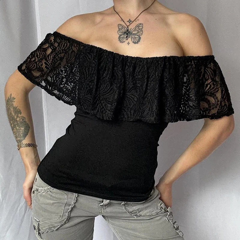 RUOKE Sexy Off Shoulder Lace Crop Top Women Ruffle Blouse Summer Slash Neck Tshirt Slim Fit Tube Going Out Party Date Y2K 260616 - view 3