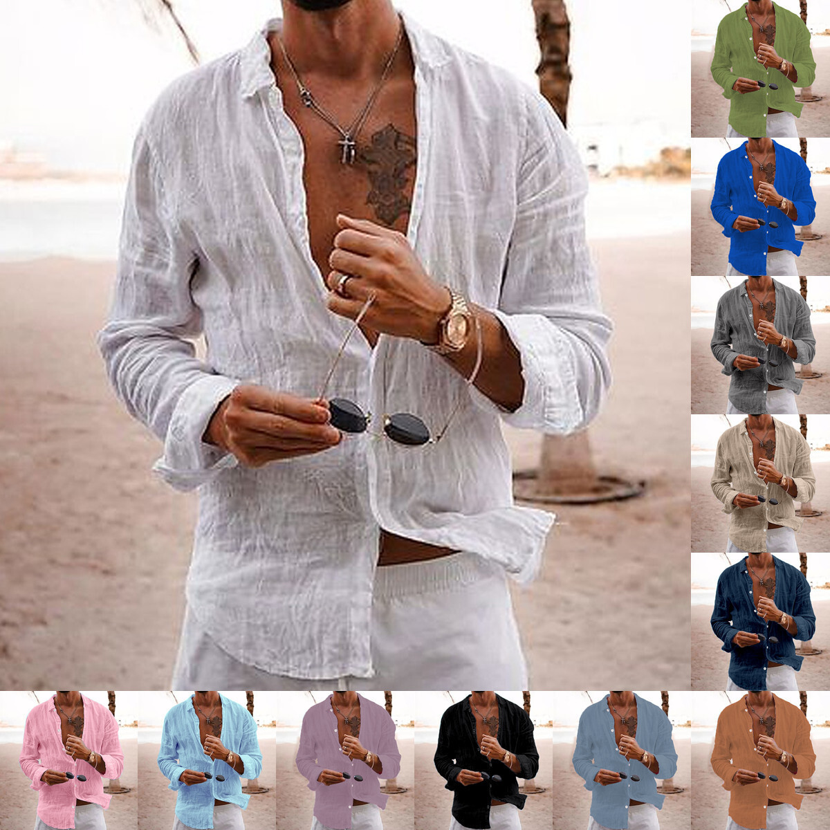 Mens shirt 2026 new model solid color loose fit single-breasted turn-down collar cotton-linen long-sleeve shirt