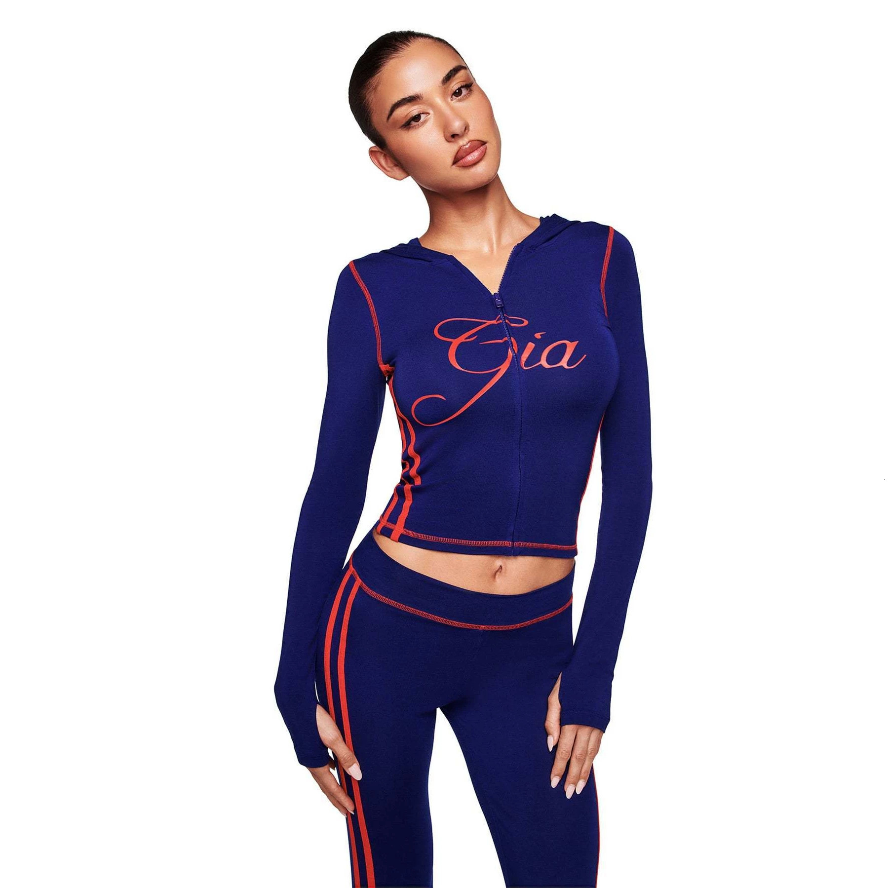 New European American Fashion Casual Letter-Print Zip-Up Slim-Fit Jacket And Hip-Hugging Long Pants Women's Outfit - view 6