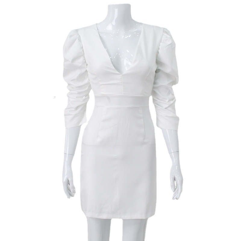 Womens Elegant Mini Dress Womens Pure White Puff Sleeve Deep V Backless Waist Cinch Soft Flowy Gown For Women Daily Wedding Romantic Date Outfits - view 6