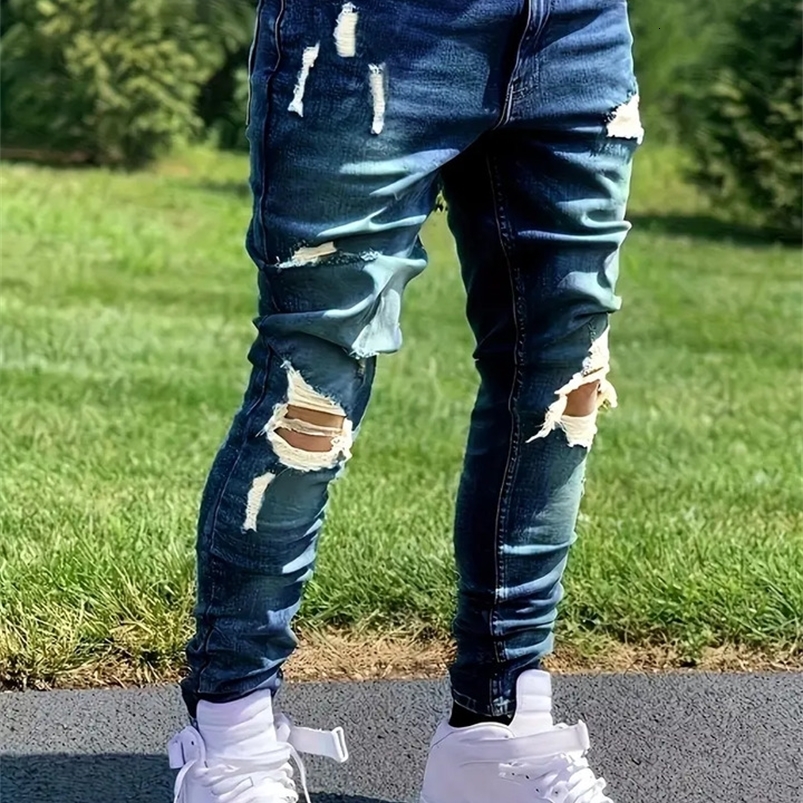 MenS Distressed Fashion Jeans - Street Style Comfortable Stretch Denim with Ripped Detail Versatile for All Seasons Everyday 260618CJ