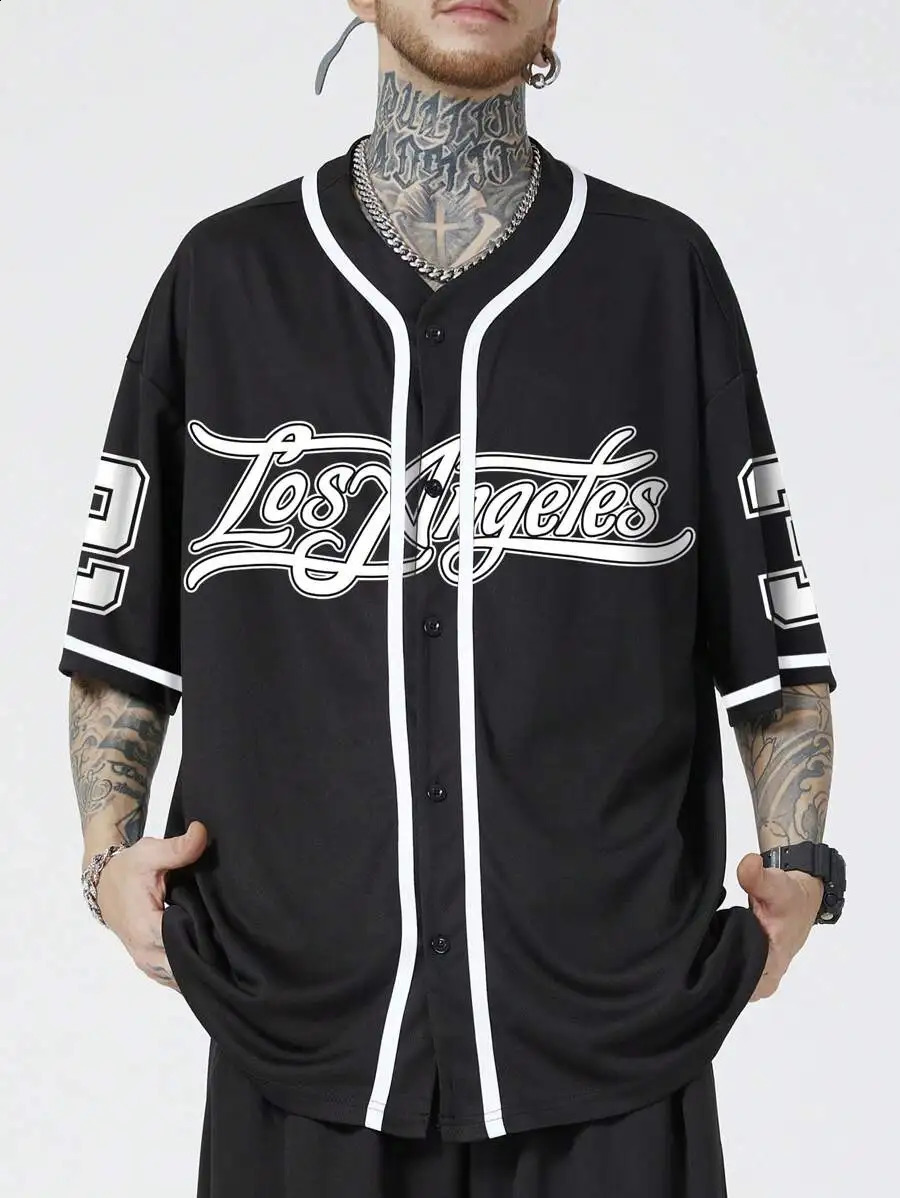Men White Short Sleeve Baseball Shirt With Contrast Trim And Los Angeles Letter Print Casual Street Style 260626 - view 3