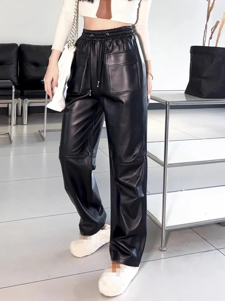 Fashion Women Genuine Leather Sheepskin Pants Spring Autumn High Waist Straight Trousers Street Casual Cargo Female 260625 - view 4
