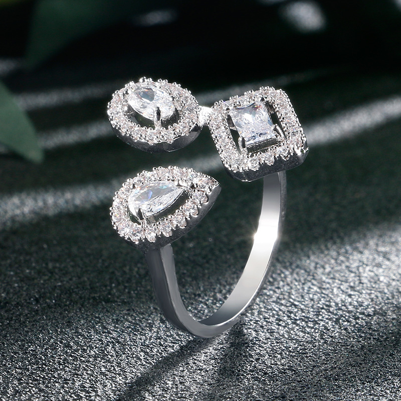 Ring Fashionable And Exquisite Geometric Layered Ring With Adjustable Opening Full Diamond Droplet Shaped Square Ring Accessory Designer Jewlery - view 4