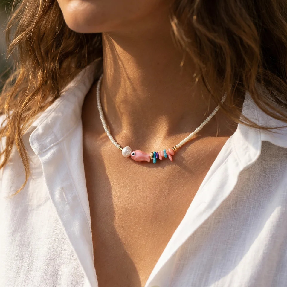 Boho White Rice Beaded Necklace for Women Cute Fish Pearl Colorful Pendant Choker Summer Beach Y2K Collar Jewelry Gift 260626 - view 3