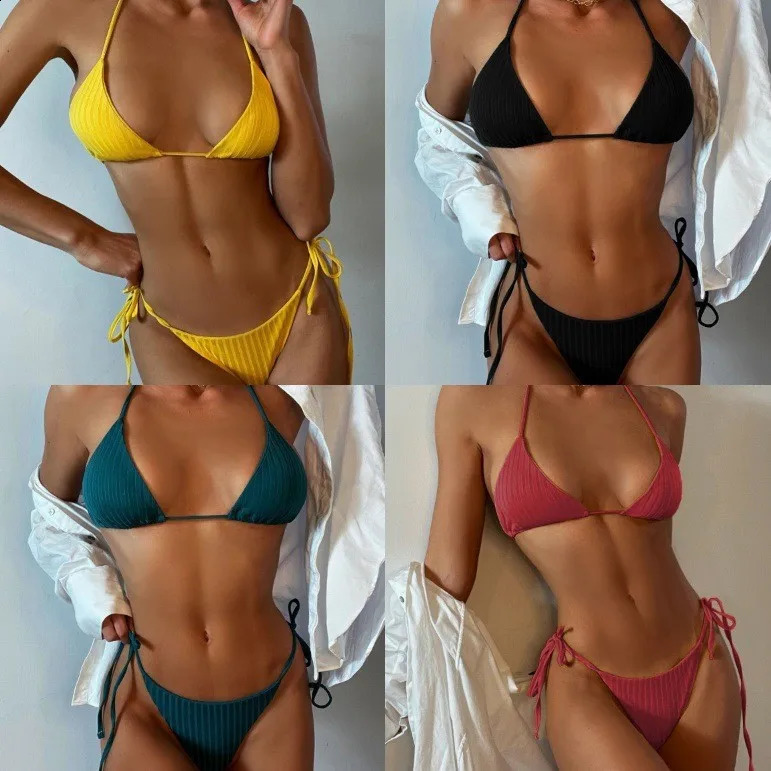 Sexy Ribbed Halter Thong Bikini Female Swimsuit Women Swimwear Twopieces set Padded Bather Bathing Suit Swim 260625