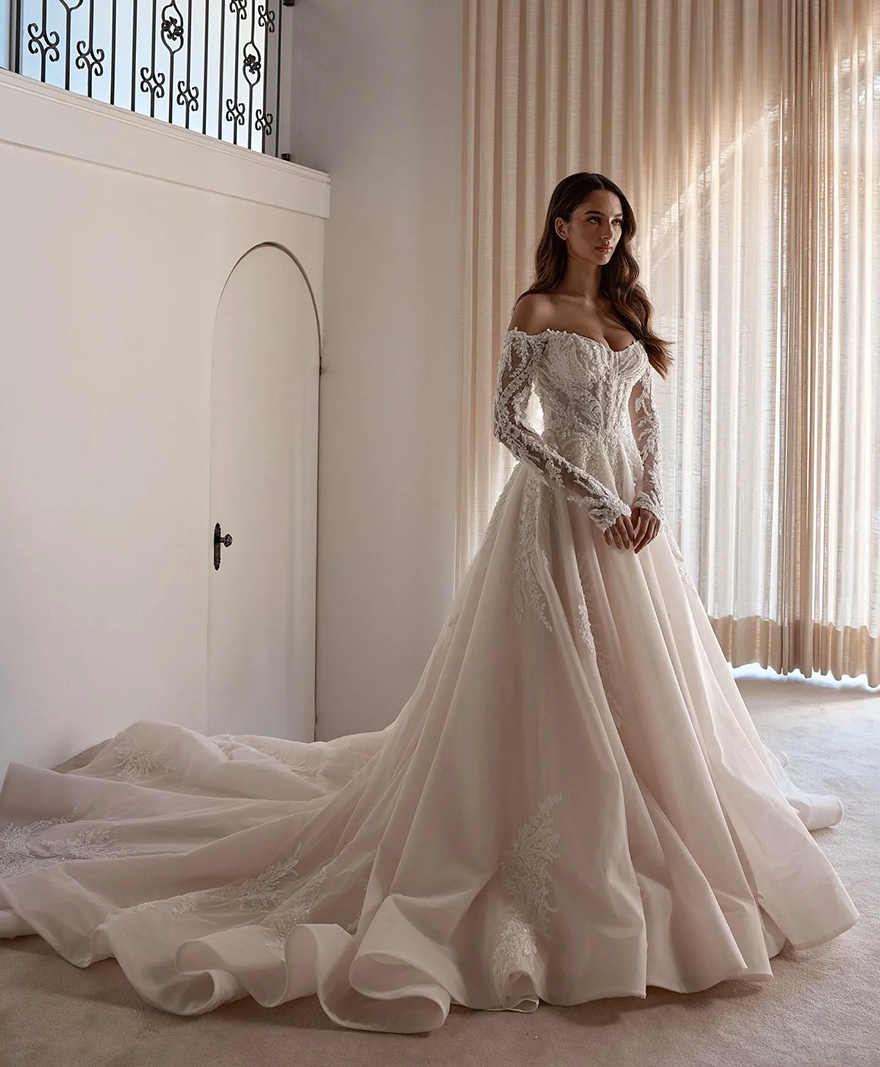 Gorgeous A Line Dresses Off Shoulder Pearls Lace Bridal Gowns Long Sleeves Vestido De Novia Backless Sweep Train Boho Wedding Dress LG0118 - view 3