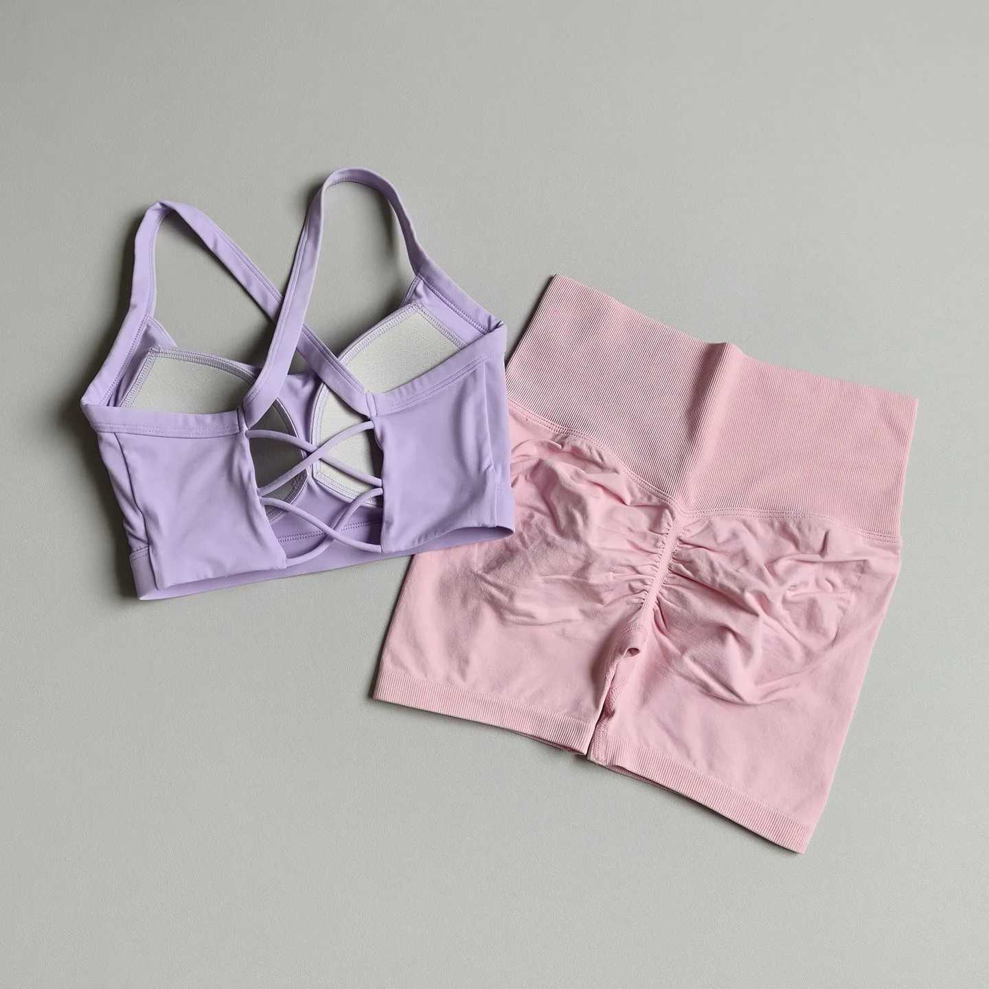 Sports Womens Cross-Yoga Set Bra Bust-Up Shockproof Pilates Training Gym Sports Peach Short Pants Yoga Shorts Set M260626 - view 5