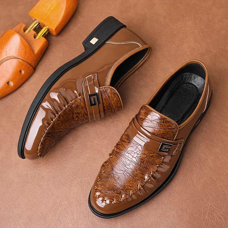 Mens Brown Pattern Dress Shoes Patent Leather Slipon Loafers Formal Business Wedding Oxfords for Men 260624 - view 7
