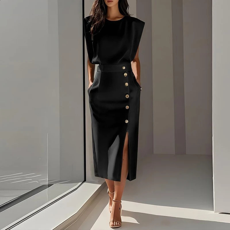 Summer Fashion O Neck Split Women Dress Elegant Solid Slim Button Party Dress Casual Sleeveless High Waisted Office Lady Dresses 260626 - view 3