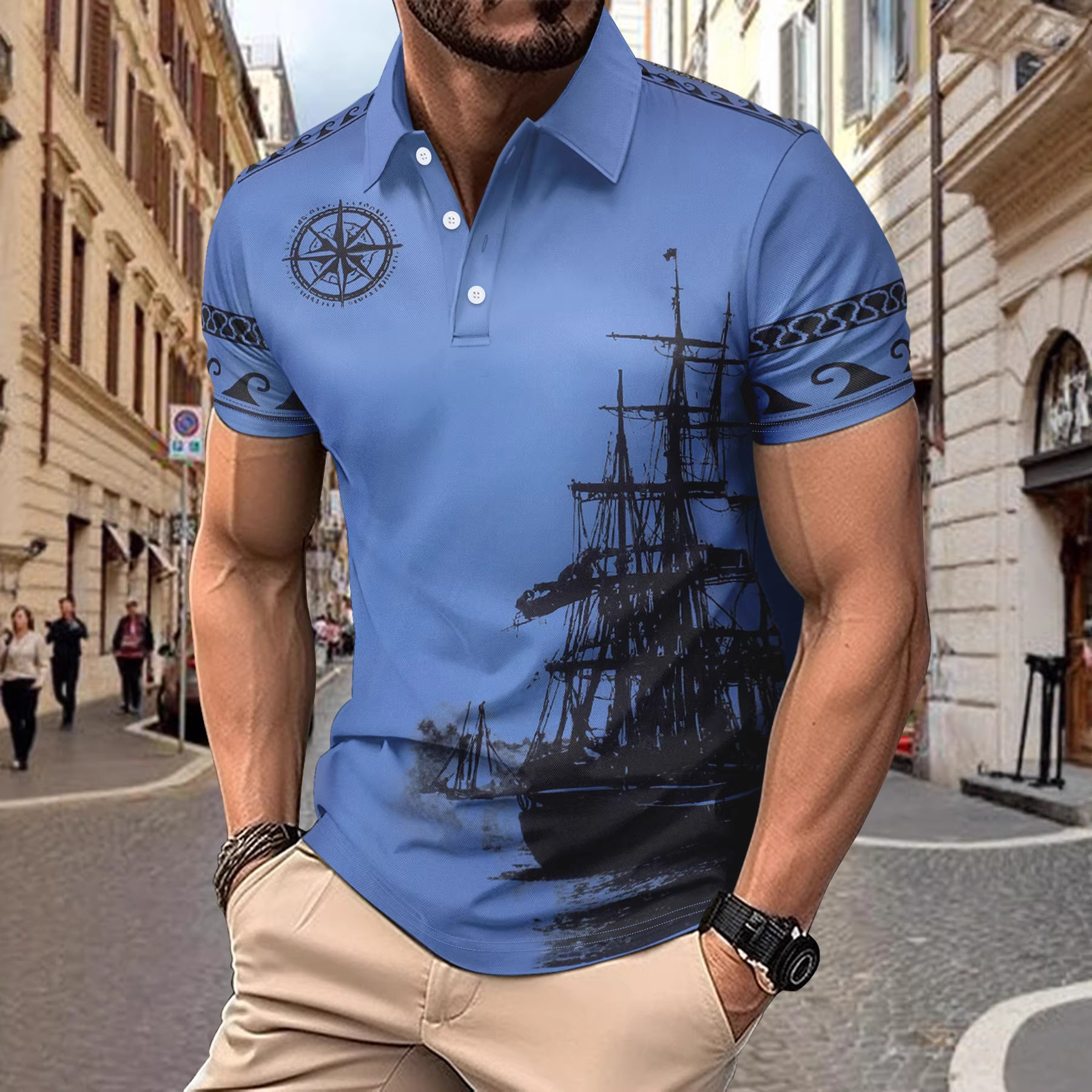 American Summer New Style Sailing Pattern Printed Turn-Down Collar Men's Casual Short-Sleeve POLO Shirt T-Shirt - view 5