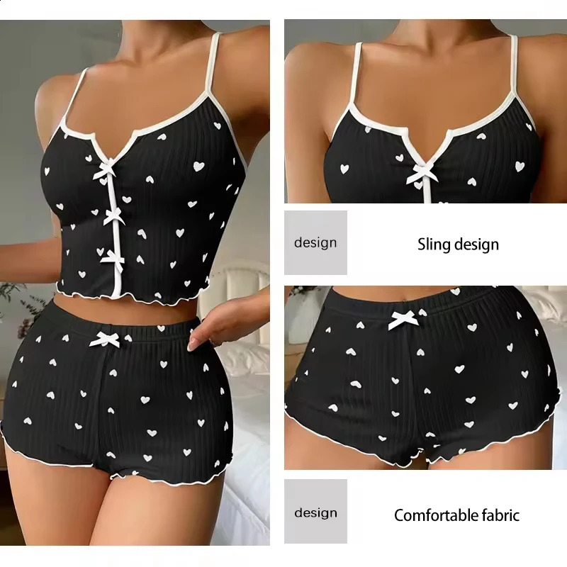Sexy Sleepwear Women Pajamas Set Heart Print Silk Stain VNeck Sleeveless Casual Cami Top and Shorts Sets Home Suit Loungewear 260625 - view 4