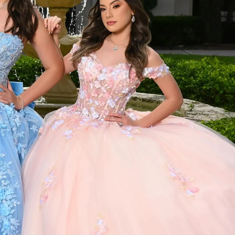 Light pink fitted waist gown with all-over floral bead embellishments and a big flared skirt, quinceanera manor outdoor evening ceremony - view 3