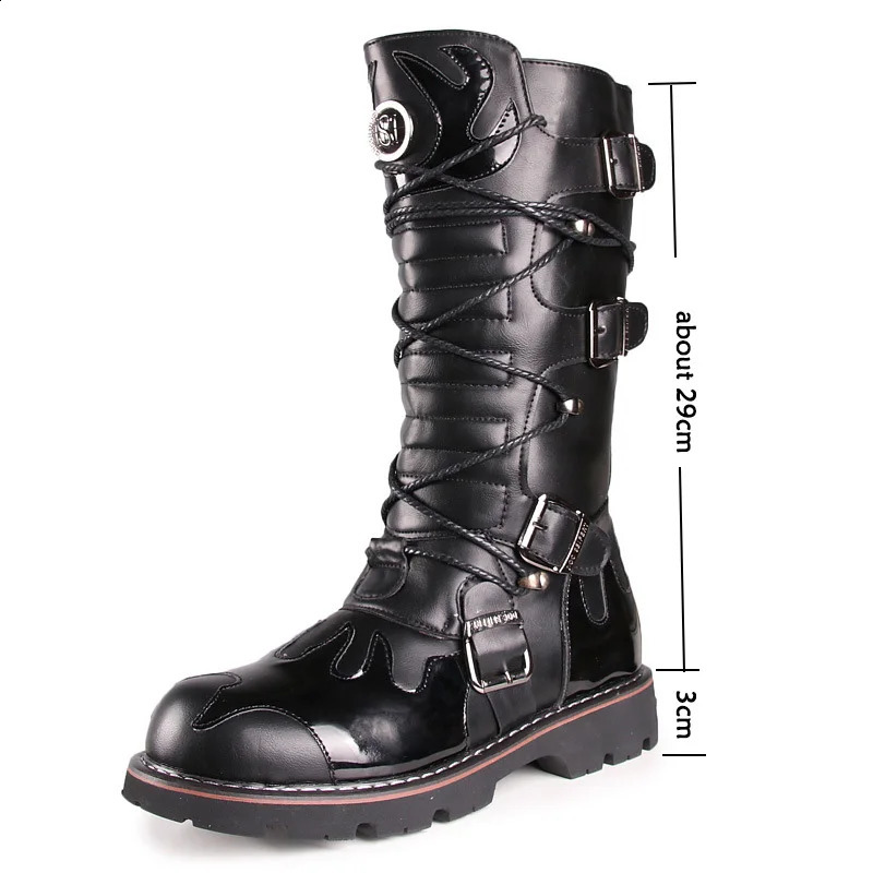 Mens Motorcycle Boots Knee-High Leather Boots Winter Male Gothic Punk Shoes Mens Outdoor Tactical Boots Casual Tooling Boots 48 260625