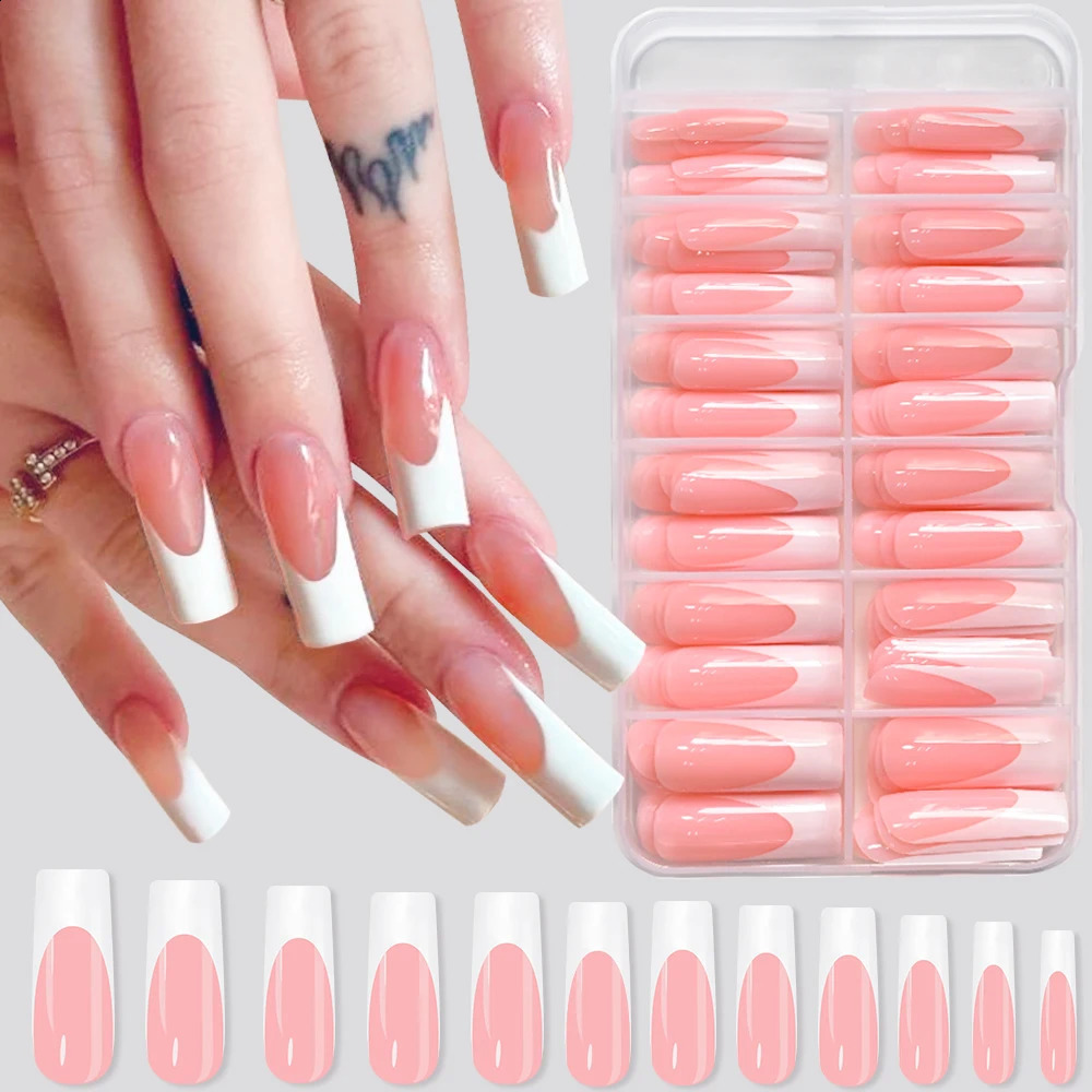 120Pcs Glossy Pink French Press On Nails 12-Sizes Long Square Fake Nails White Edge n Full Cover False French Nails Tips t 260626 - view 3