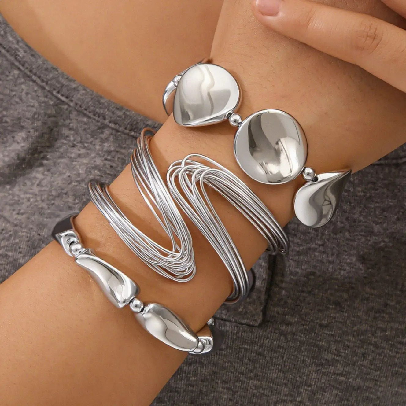 LATS Geometric Exaggerated Multi-layered Wrapped Open Bracelets Set for Women Punk Style Bracelet Fashion Jewelry Accessories 260625