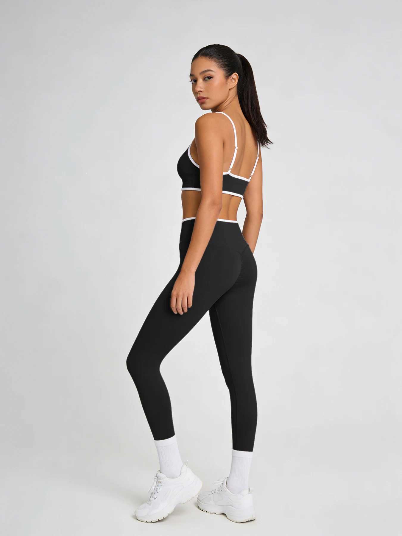 2Pcs Contrast Trim Womens Yoga Outfit Spaghetti Strap Sports Bra High Waist LEggings Gym Wear M260626 - view 4