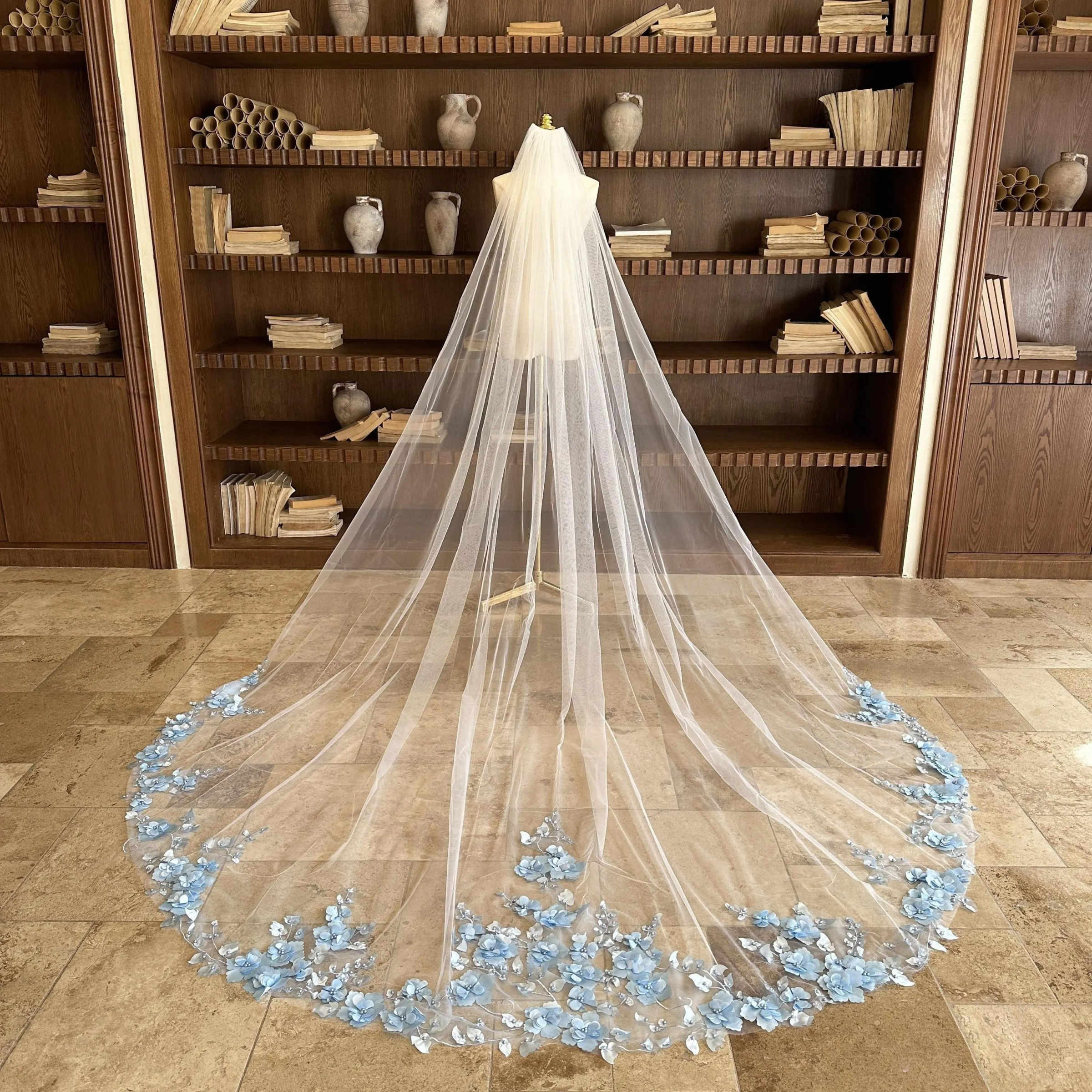 Romantic 3D Floral Lace Wedding Veils Long Cathedral Length One Layer Bridal Veils Soft Tulle Customized Velo De Novia - view 5
