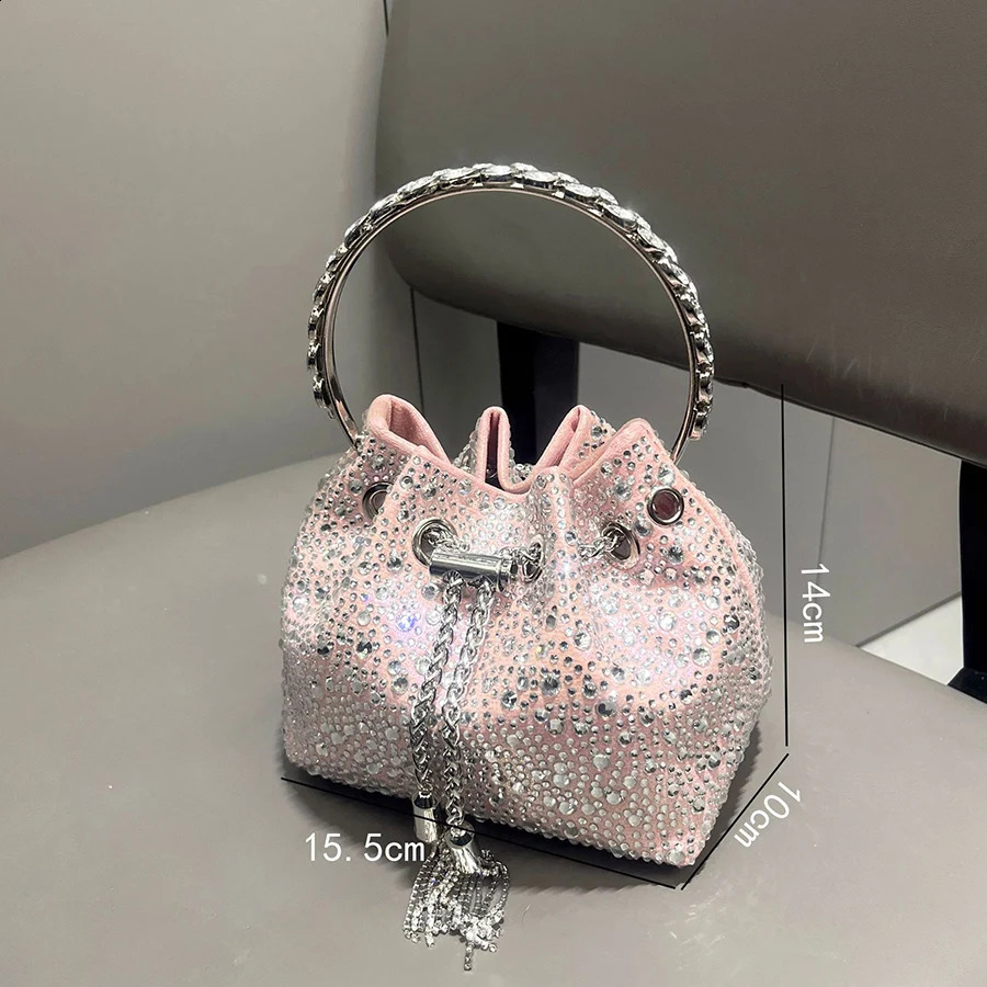 Tassel Womens Shoulder Bags Metal Ring Diamond Bucket Bag Shiny Drawstring Handbag Tote Chain Crossbody Evening Clutch 260612 - view 4