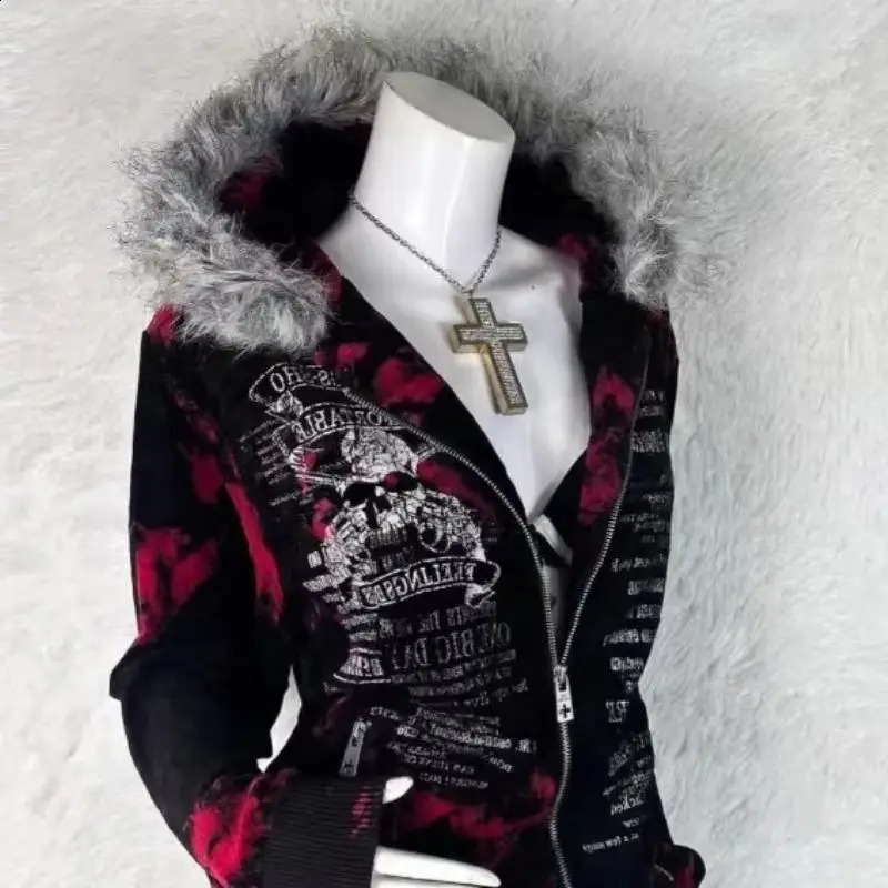 Gothic geometric print red gradient zipper hoodie women fashion high street fur collar loose sweatshirt for men and women 260626 - view 4