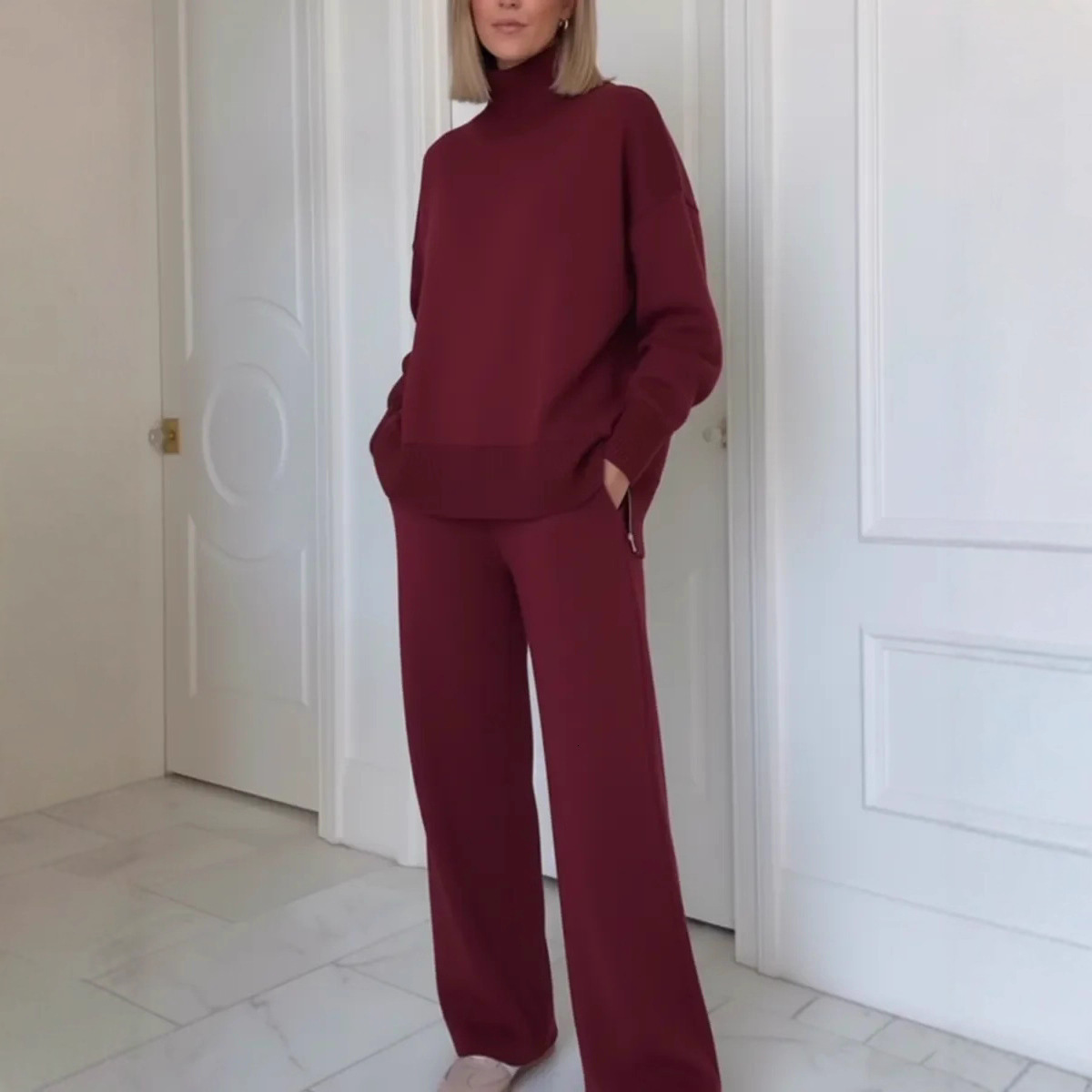 Cross-border independent site European American foreign trade Amazon new loose-fitting solid color stylish sweatshirt and wide-leg pants two-piece set - view 5