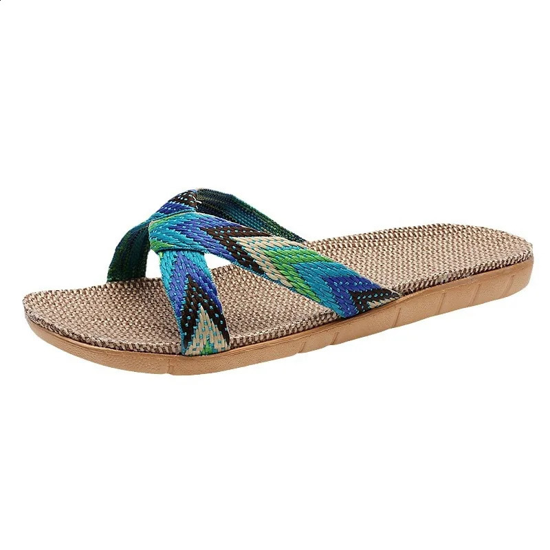 2026 Summer Women Linen Slippers Non-Slip Breathable Flat Shoes Couple Open-Toe Home Sandals Indoor House Slides for All Seasons 260624