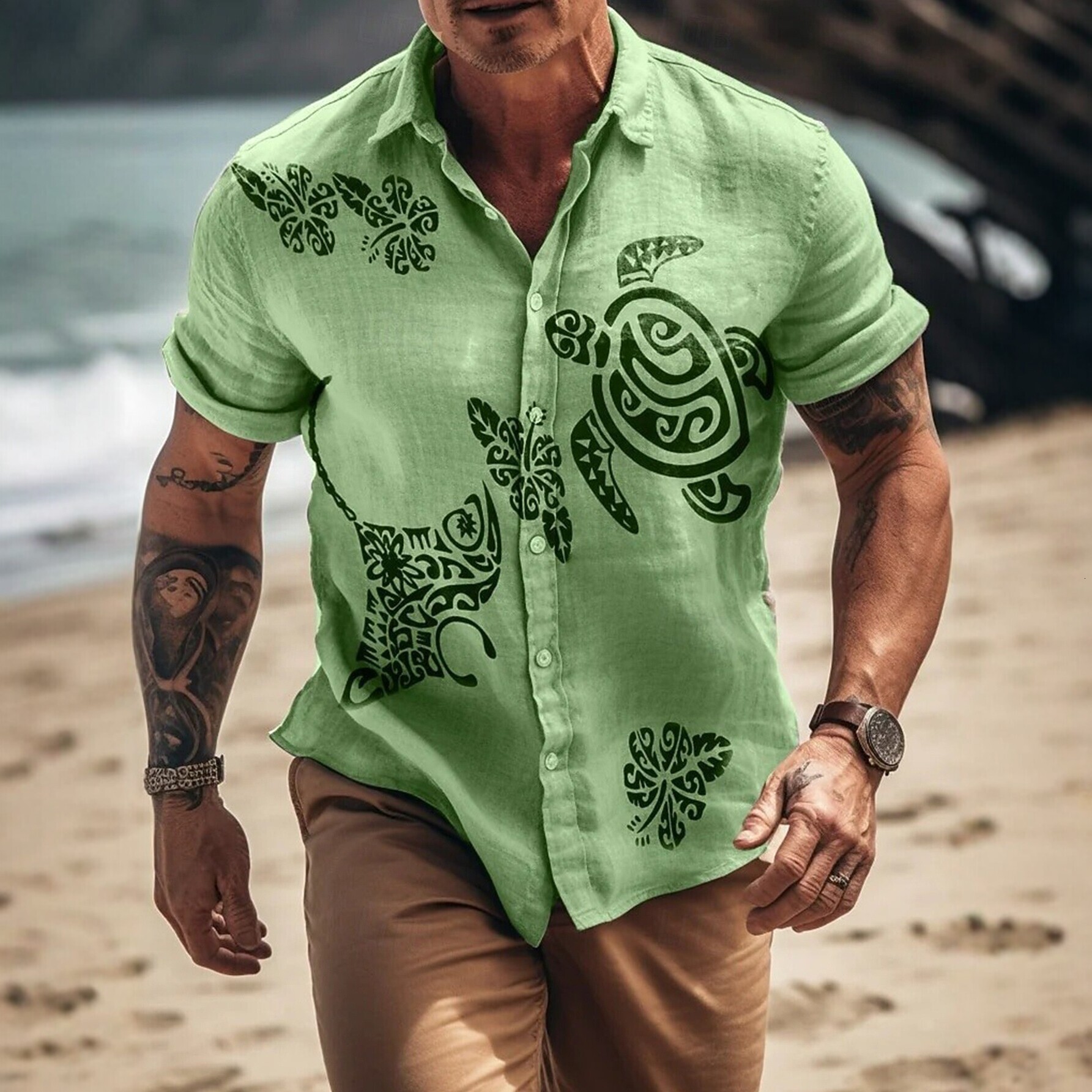 Pink Linen Polynesian Turtle Floral Print Collared Men's Beach Short-Sleeve Shirt In Stock - view 3