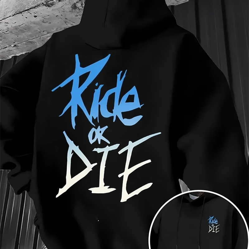Mens Hoodie with Ride or Die Lettering Print Adult Pullover Sweatshirt Street Casual Comfortable HipHop Long Sleeve Top y260611