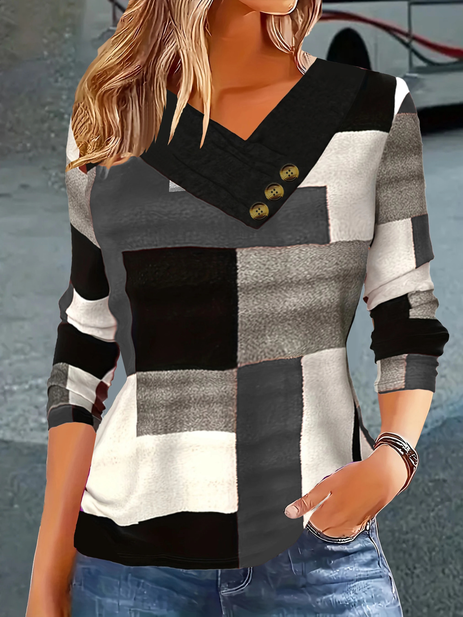 Autumn thin fashion plaid print V-neck button plus size womens long sleeve t-shirt 260626 - view 6