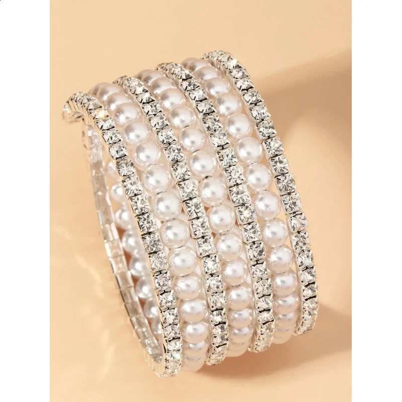 1pc Rhinestone Faux Pearl Decor Bangle Sparkling Luxe Cuff Bracelet for Women 260625 - view 5