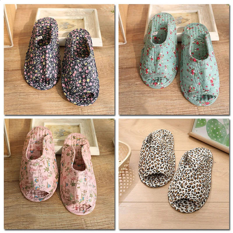 25cm Vintage Floral Home Shoes Slippers Women Cotton Fabric House Slipper Sewing Comfy Flat Shoes Indoor Soft Travel 260624 - view 4
