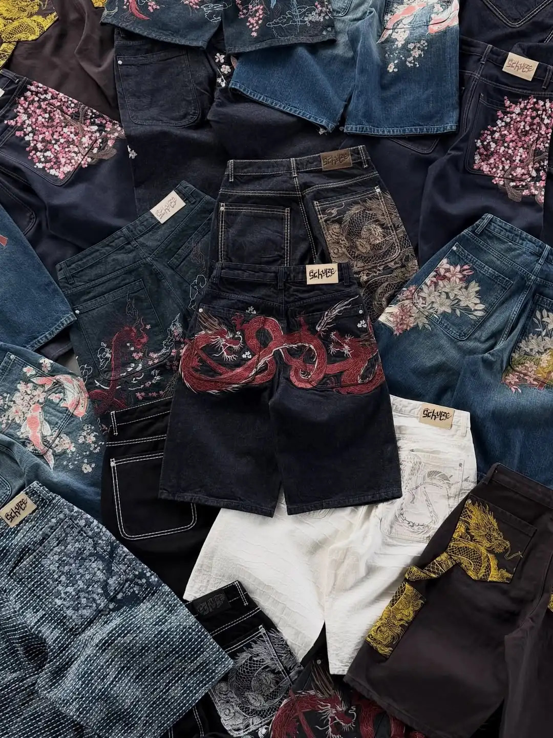 Men Couples Japanese Dragon Floral Embroidered Denim Shorts Loose Baggy Streetwear Washed Vintage Harajuku Y2K Summer Jeans 260625