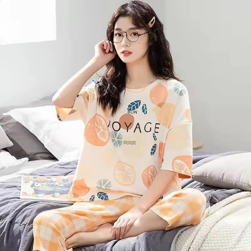 Korean Version Pajama Summer Cotton Short Sleeve Pants Home Wear Casual Daily Cute Plussize Suit 260625
