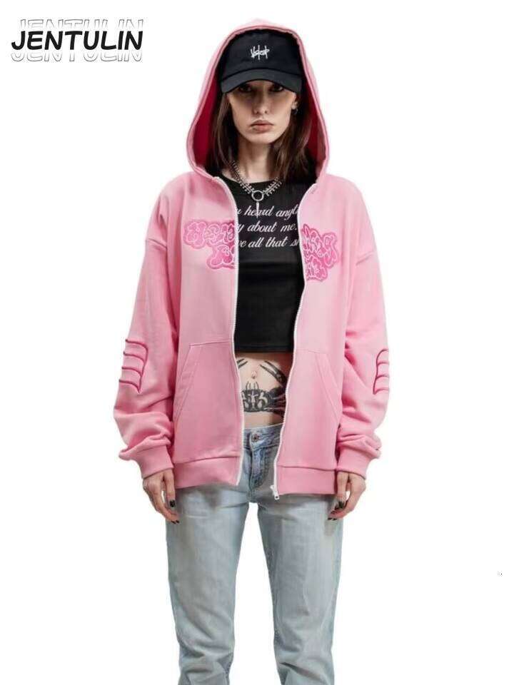 Y2K Retro zip up Hoodie Men Embroidery Pink Zipper Sweatshirt Cartoon Hiphop Streetwear Oversize Korean Graphic Jacket Goth W260626