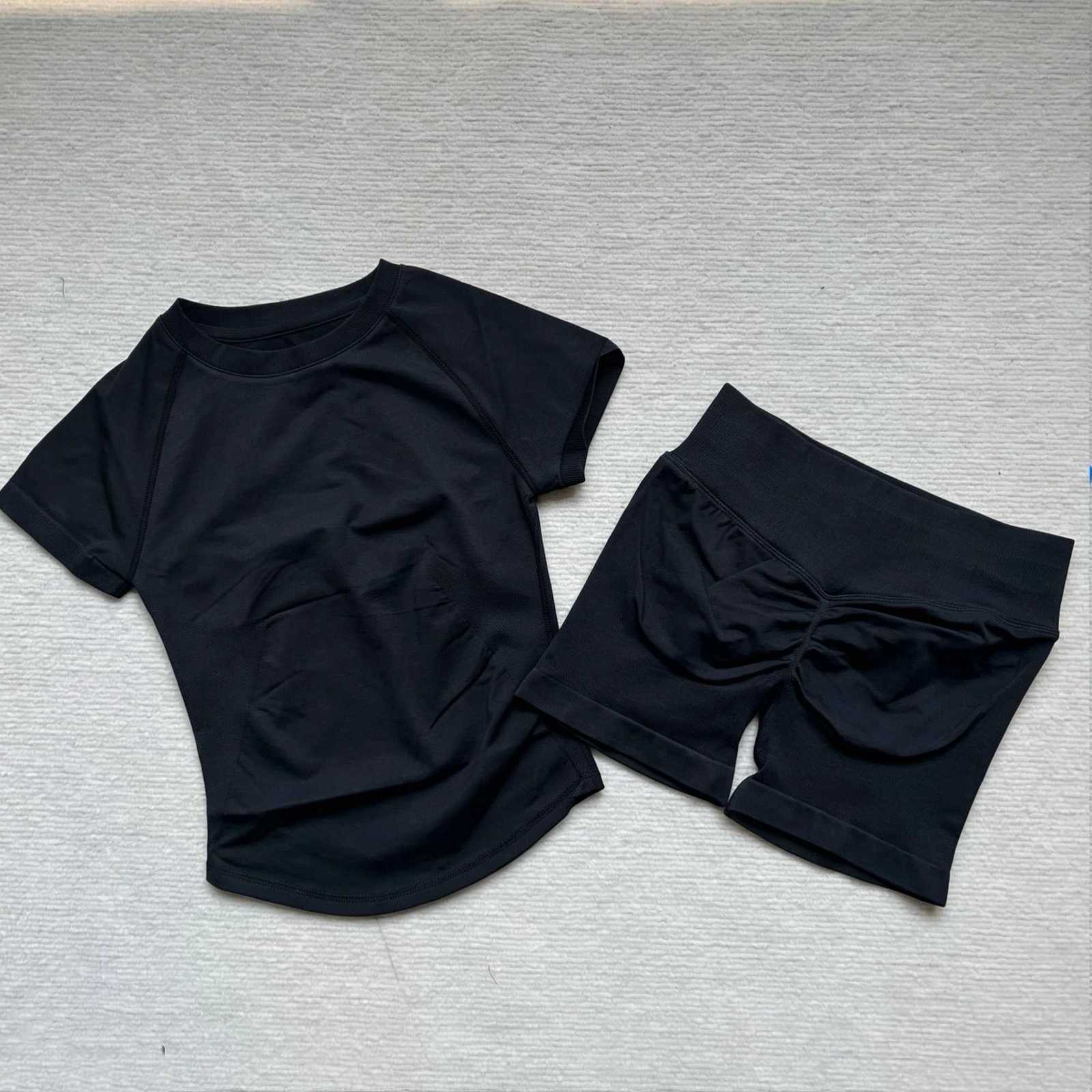 Gym Sports 2 Sets Pieces Women Seamless knitted Yoga Short Sleeve Top Fitness Set Workout Running Sports Short Leggings Suit M260626 - view 6
