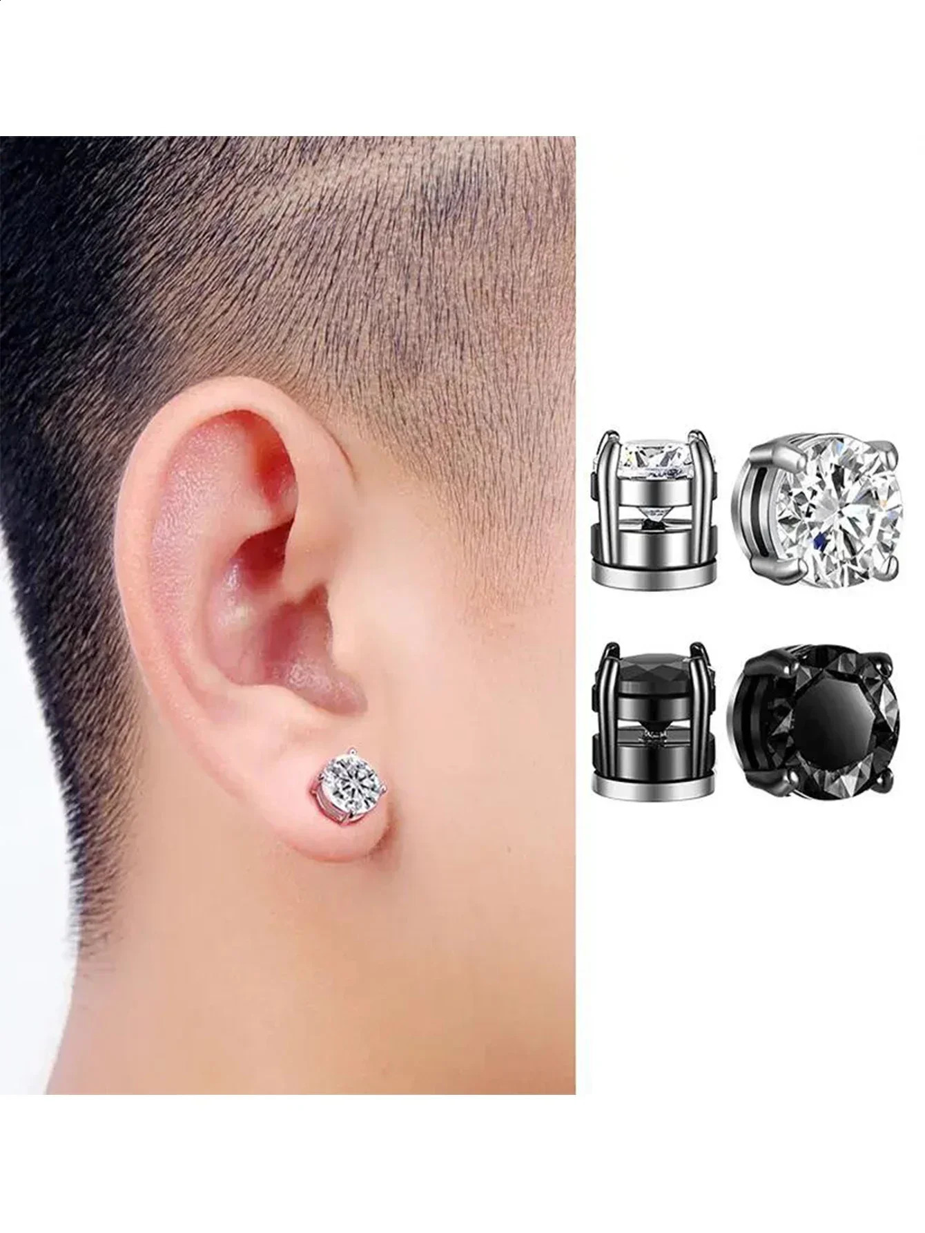 1 Pairs of Mens Fashionable Ear Hole Free Magnet Zircon Stainless Steel False Earring Set Unisex Non Piercing Clip Earrings 260623 - view 4