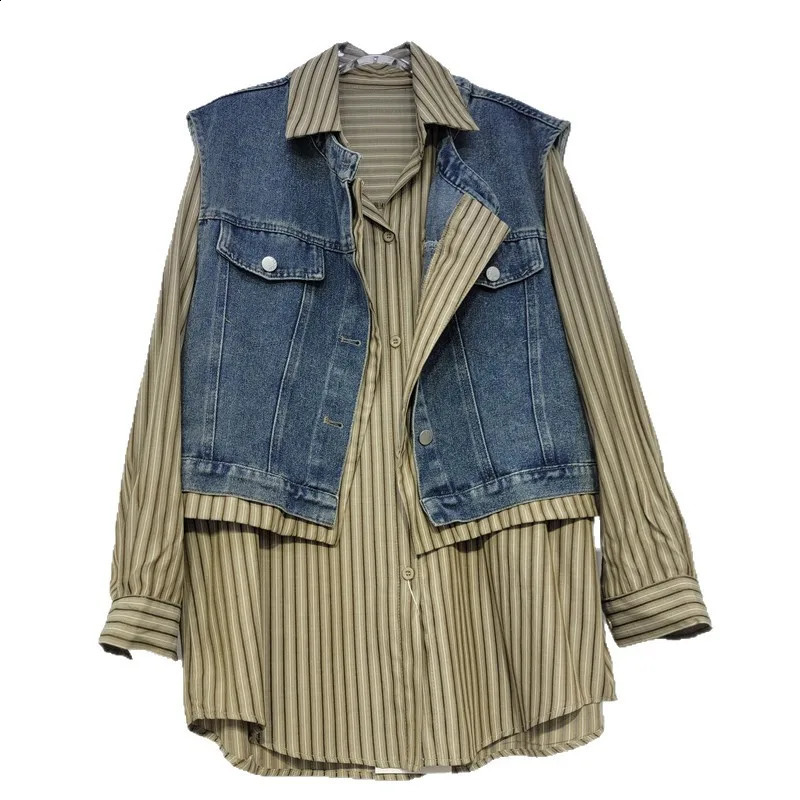 SuperAen Korean Style Fashion Short Denim Vest Women Autumn lapel Collar Simple Vintage Striped Loose Shirts 260626 - view 6