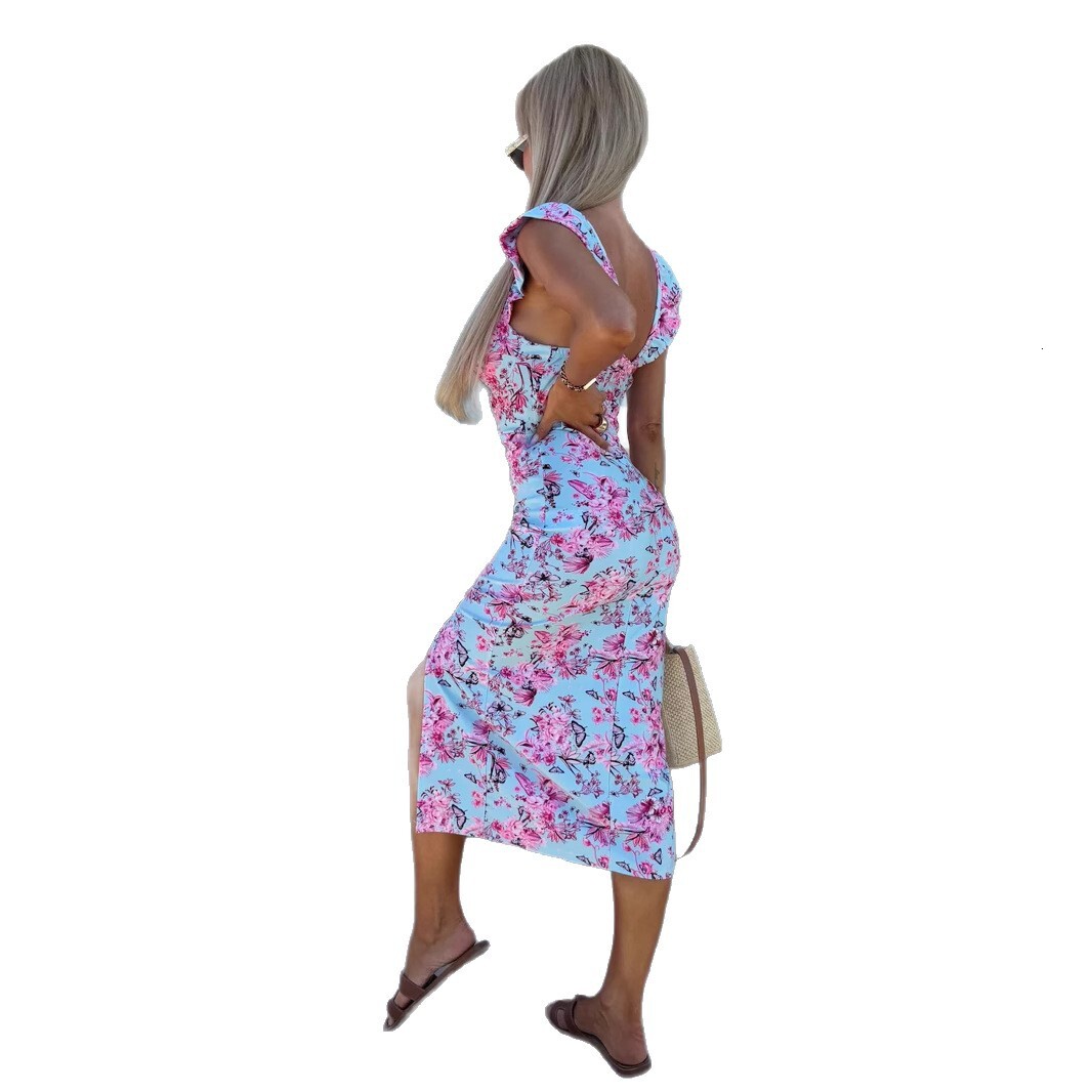 Womens Split Midi Dress Womens French Floral Thin Strap Elegant Design Slim Fit Mid Length Gown For Women Daily Wedding Banquet Dating Outfits - view 6