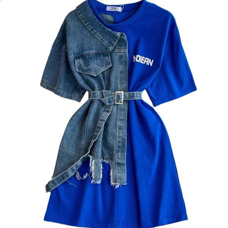Harajuku Summer Womens Denim Patchwork Short Sleeve T-Shirts Tees O-neck Loose Contrast Color Jeans Tees Belted Jumpers Tops 260626 - view 7