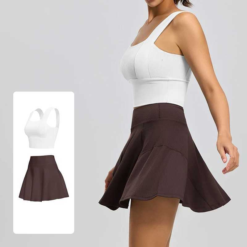 Womens Ribbed Workout Outfit 2026 RacerPush Up Fixed Chest Pads Workout Set High Waist Skirt with Liner 2 Piece Yoga Set M260626 - view 4